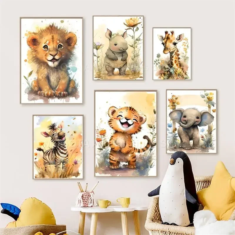 Watercolor Poster Print - Acuarela León jirafa Tigre elefante cebra